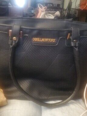 Black Textured Vinyl Tote with Gold Accents